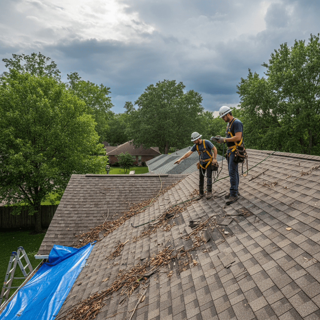 Roofers inspecting residential rooftop shingles after storm