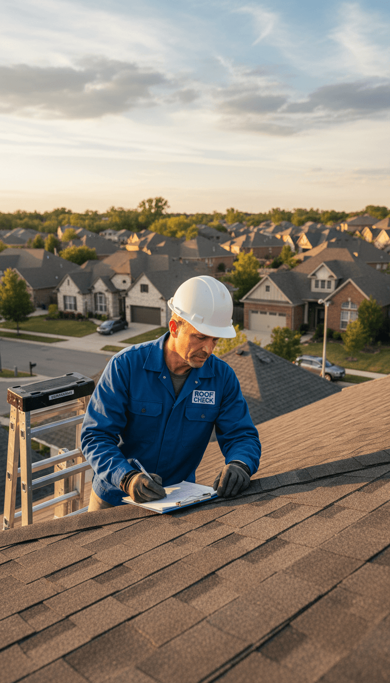 Roofing contractor inspecting a residential roof
