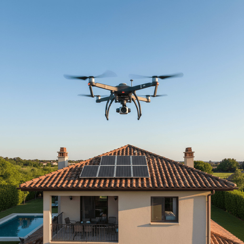 Drone flying over a residential rooftop against a blue sky