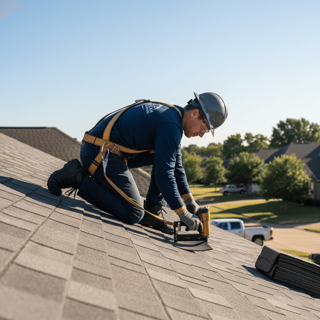 Roofer installing shingles on a residential roof during the day