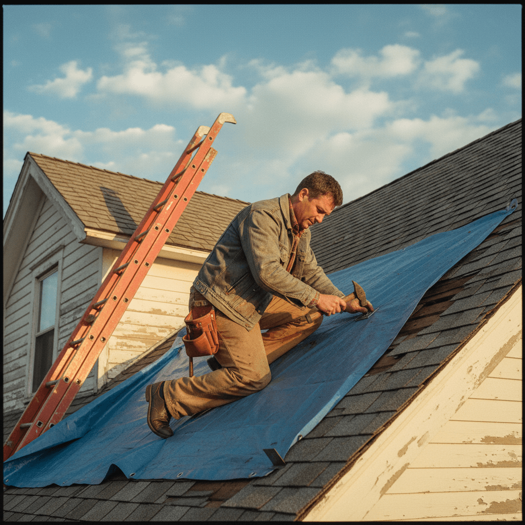 Roofer securing a tarp over a storm-damaged roof