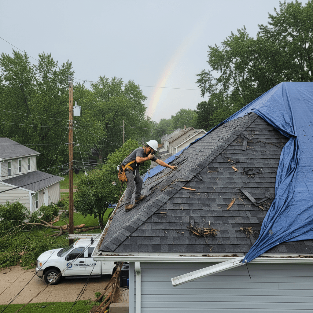 Roofer inspecting shingles after storm damage on a house roof
