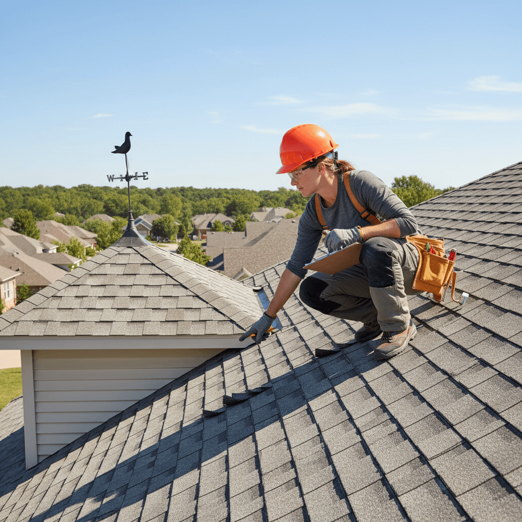 Professional roofer inspecting shingles on a residential roof