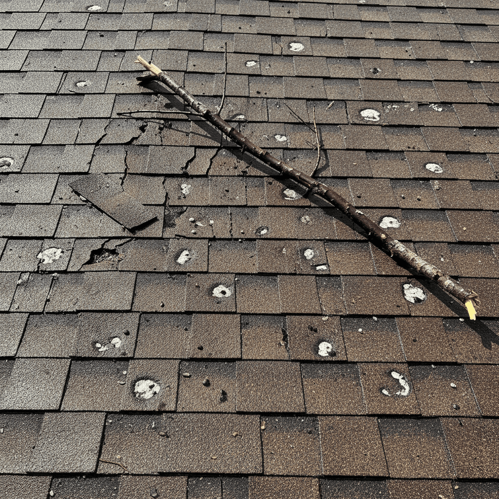 Close up of hail damage on asphalt shingles