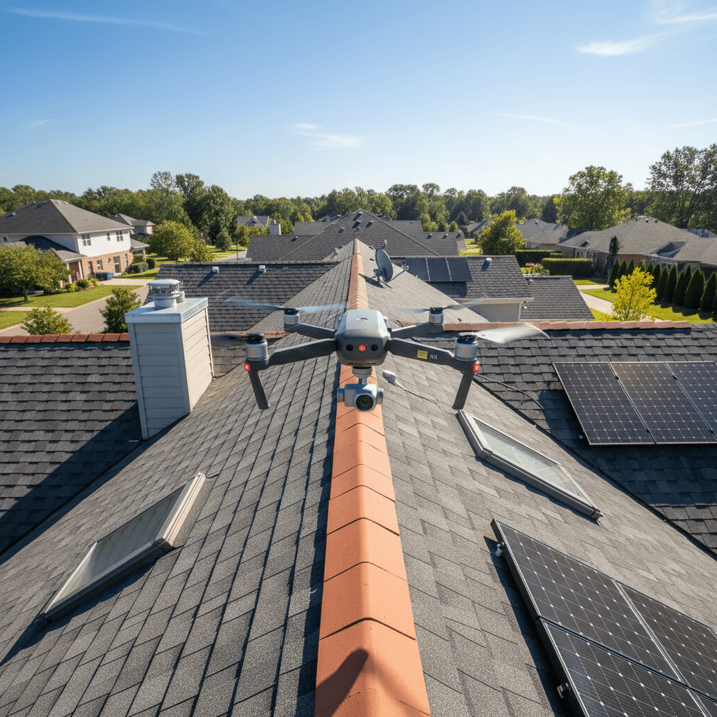 Drone hovering above a house roof for inspection