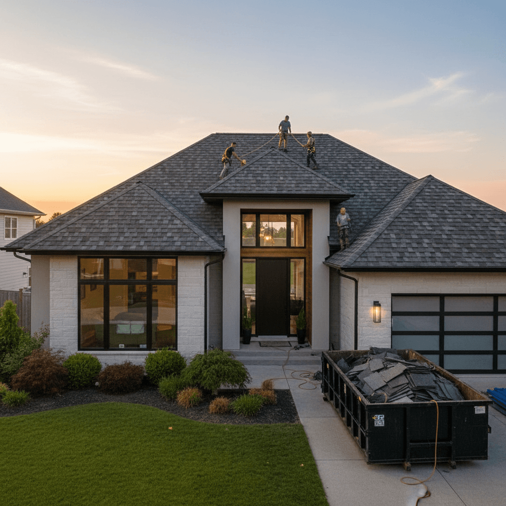 Completed new roof on a suburban home