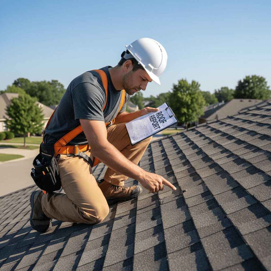 Roofer inspecting shingles during a roof inspection