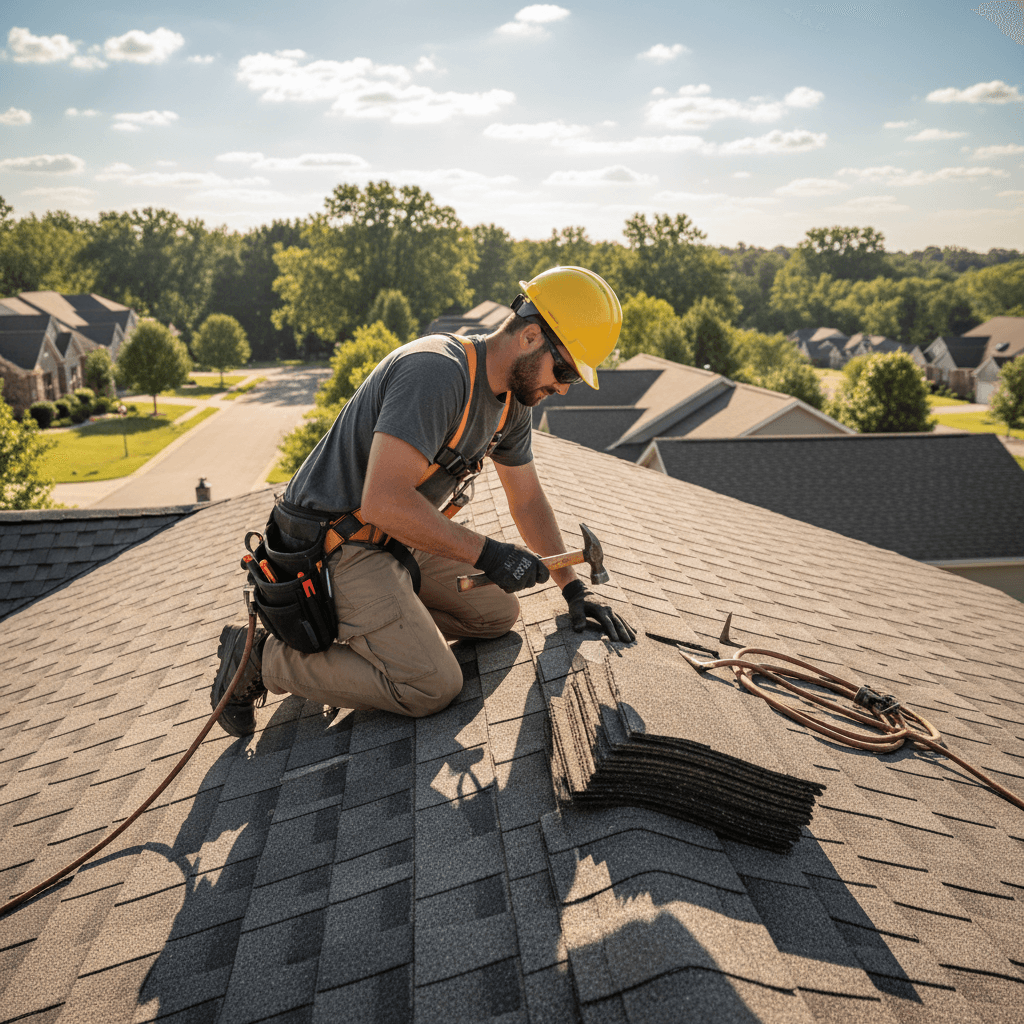 Professional roofer repairing shingles on house roof