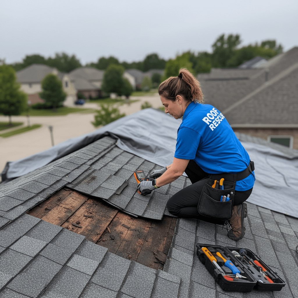 Roof leak repair technician inspecting damage on residential roof