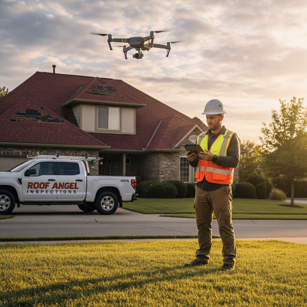 Roofing professional flying a drone to inspect a home roof