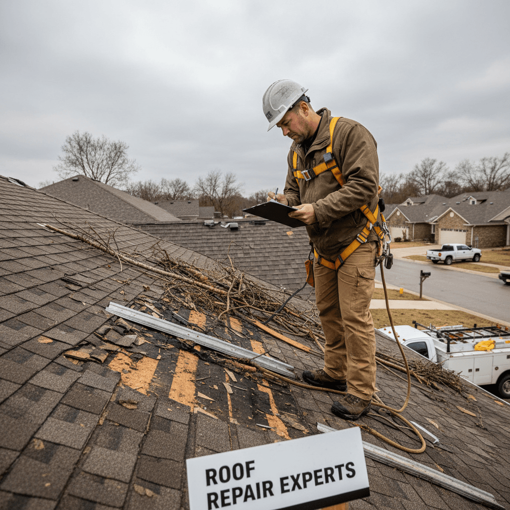 Contractor inspecting roof damage after a storm with a clipboard