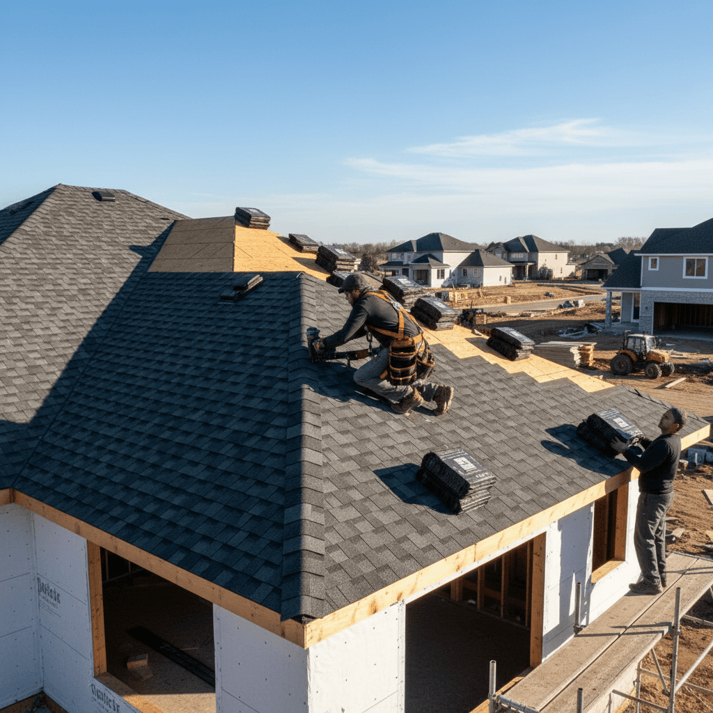 Roofer installing shingles on a house roof in bright daylight