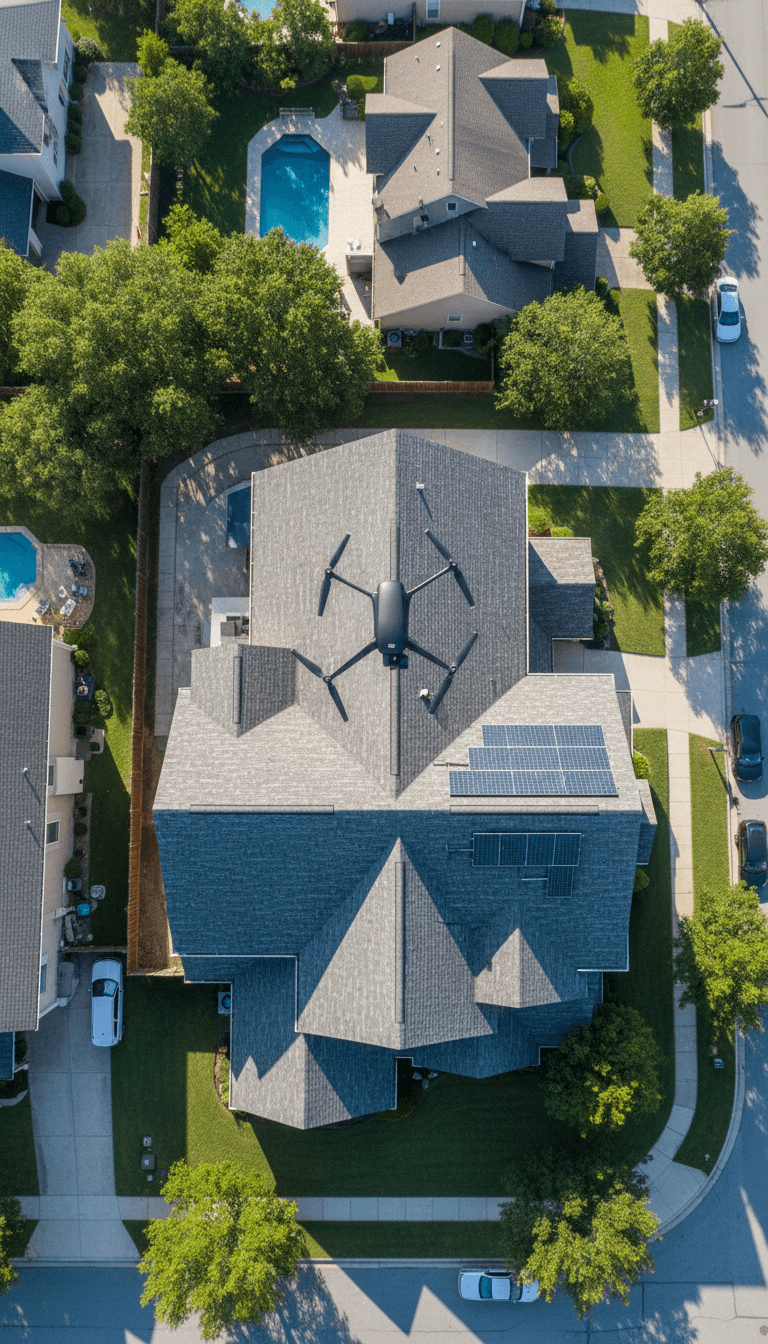 Drone hovering over a home's roof for inspection