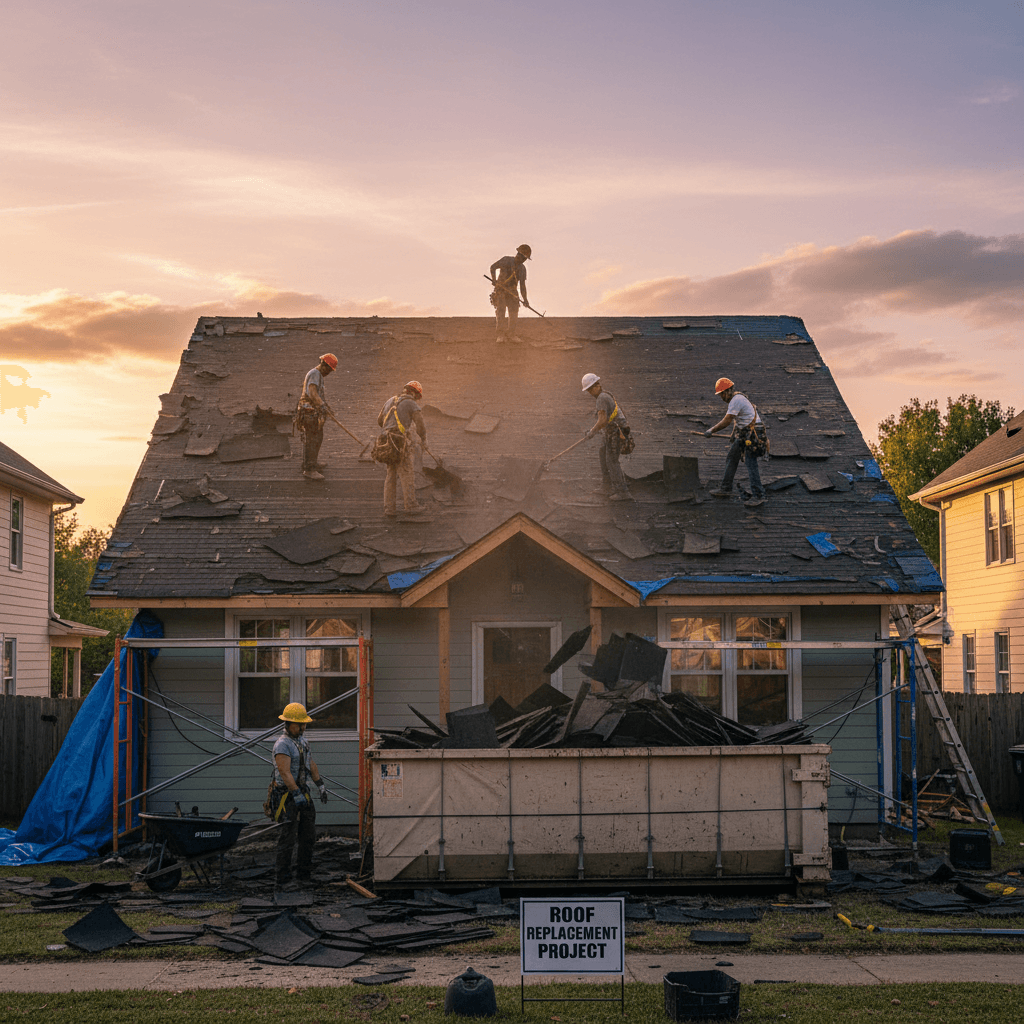 Roofers tearing off old shingles during a full roof replacement