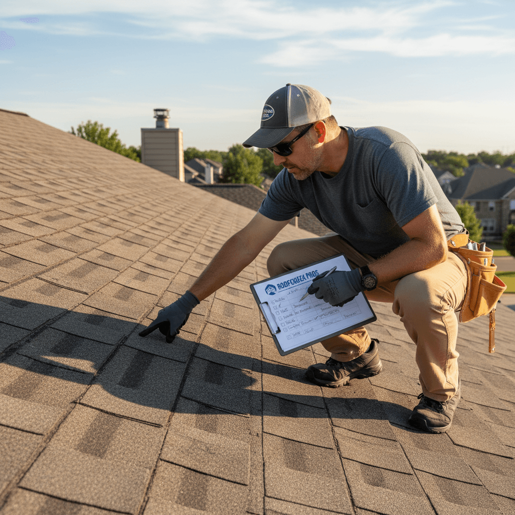 Roofing contractor inspecting an asphalt shingle roof on a residential home