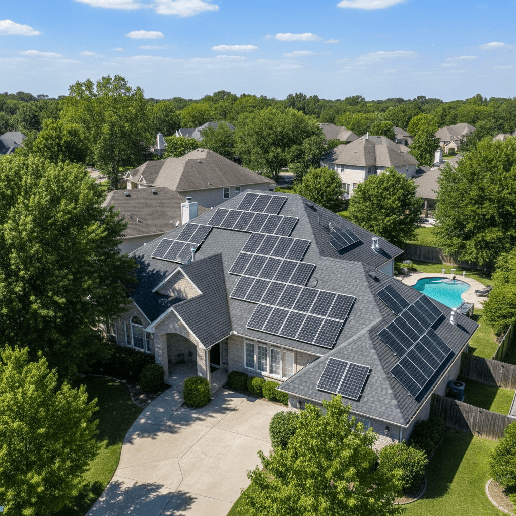 Aerial view of a house roof with solar panels
