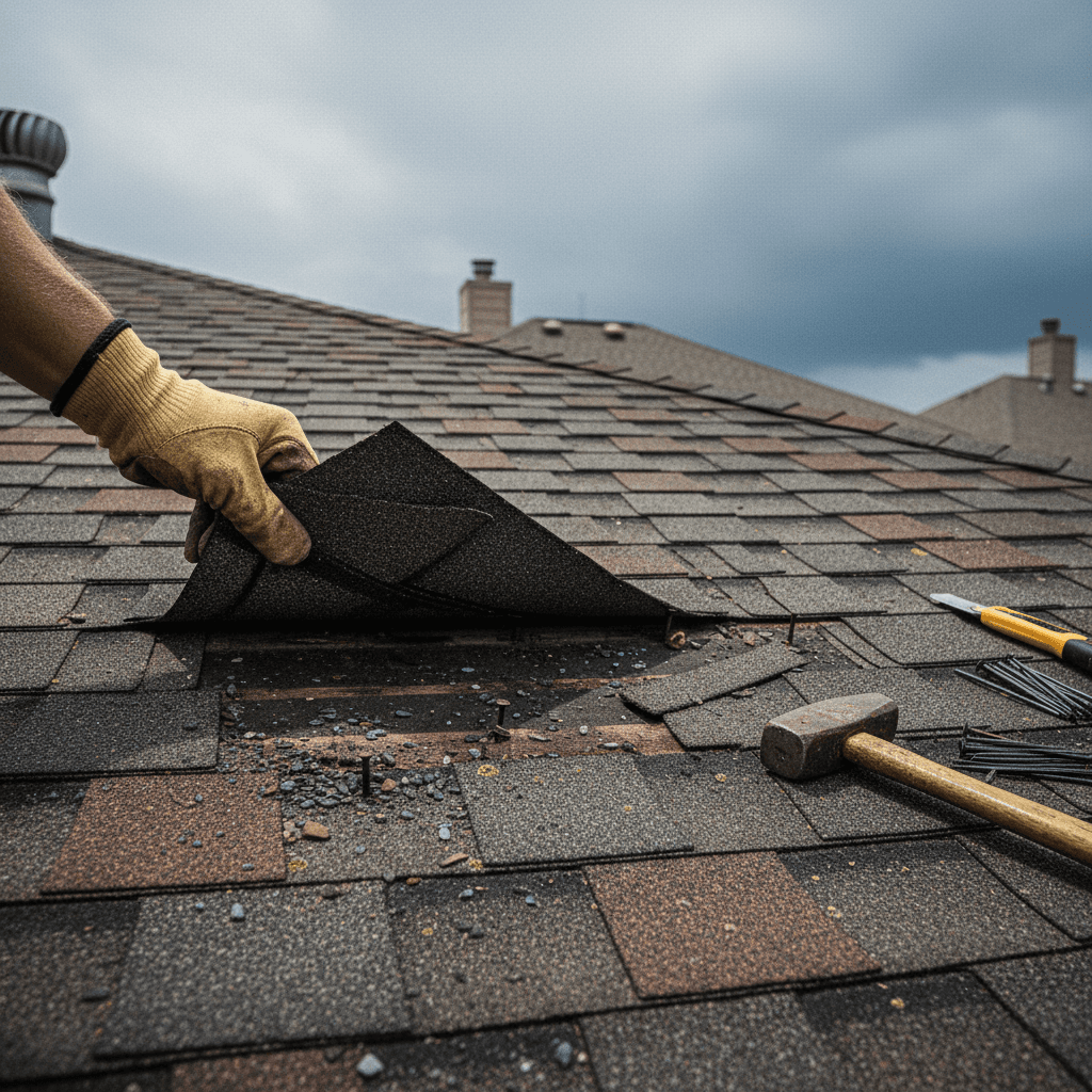 Roofer's hands inspecting damaged shingles on a Texas roof