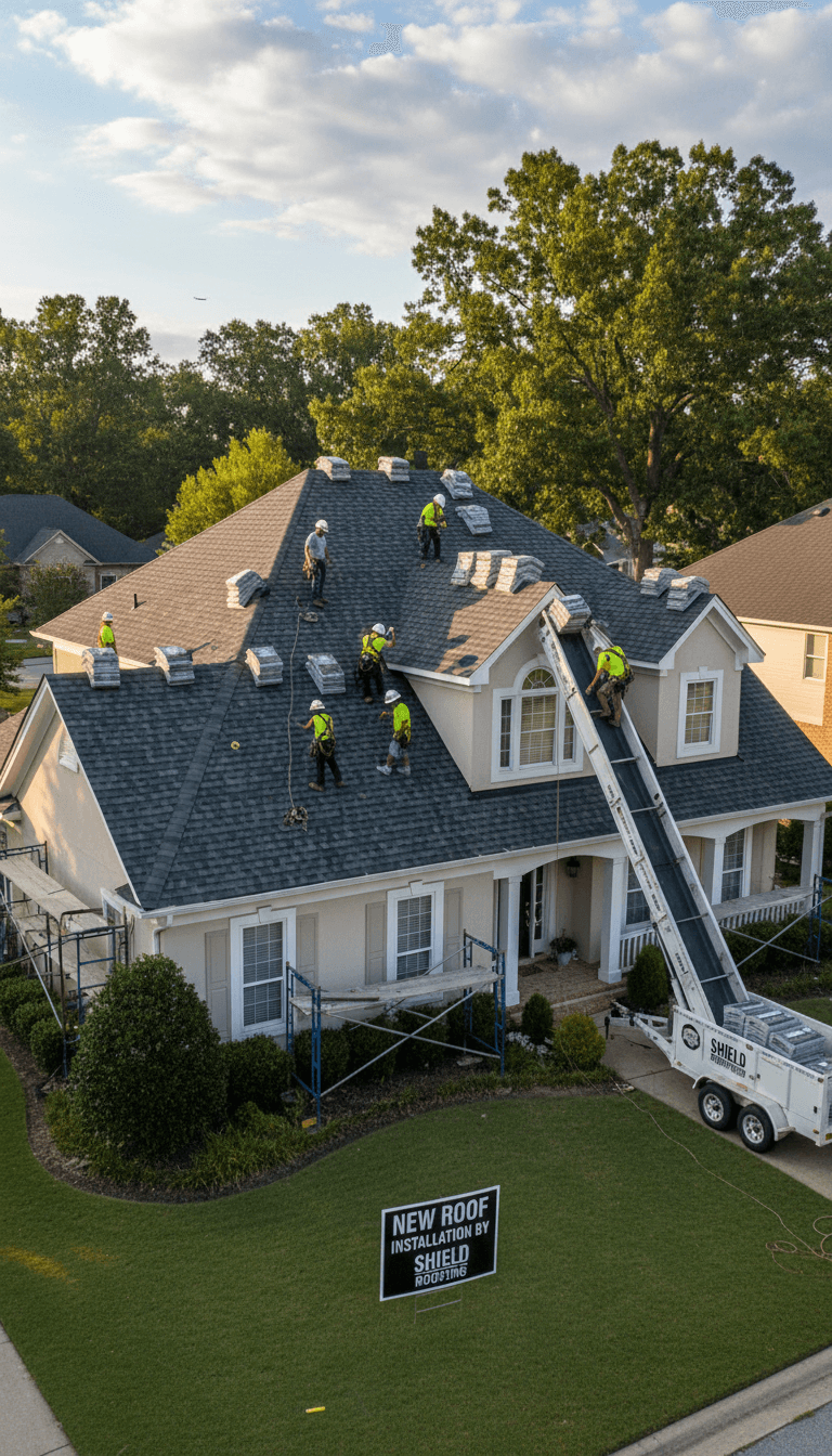 New asphalt shingle roof on a suburban house