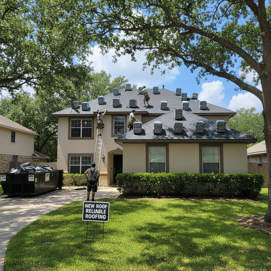 New roof installation on suburban home with architectural shingles