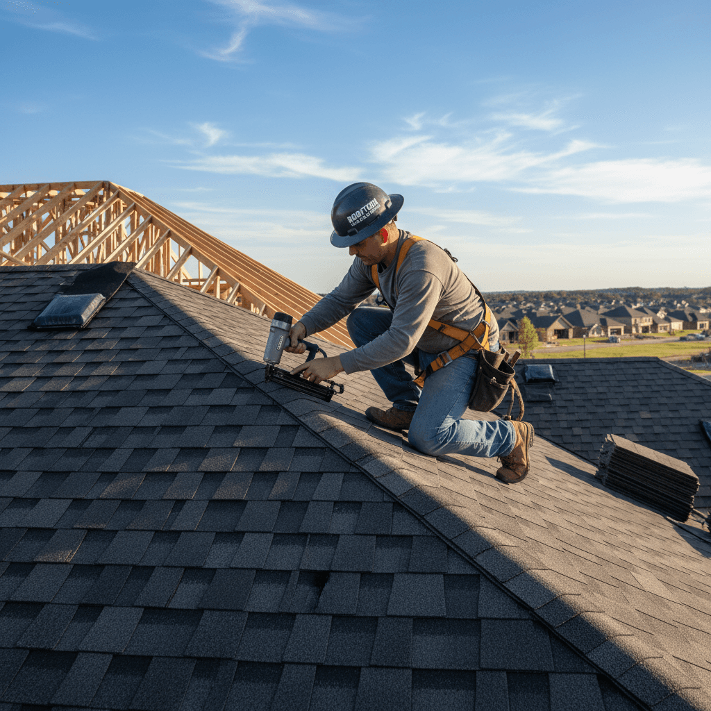 Roofer installing asphalt shingles on a new roof