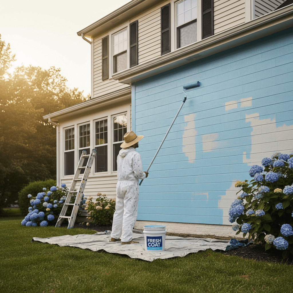 painter rolling paint onto the exterior wall of a house