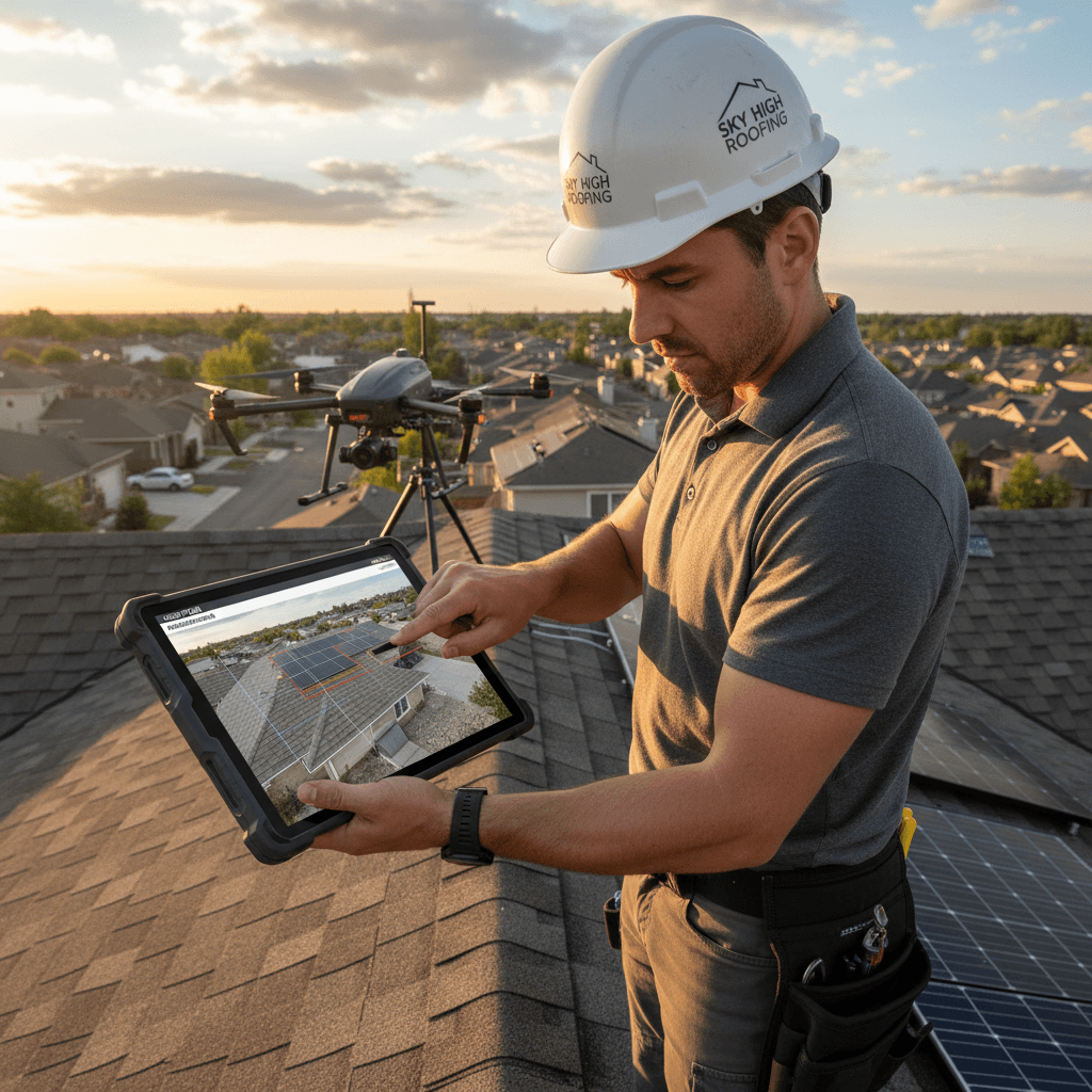 Roofing professional reviewing drone images on a tablet