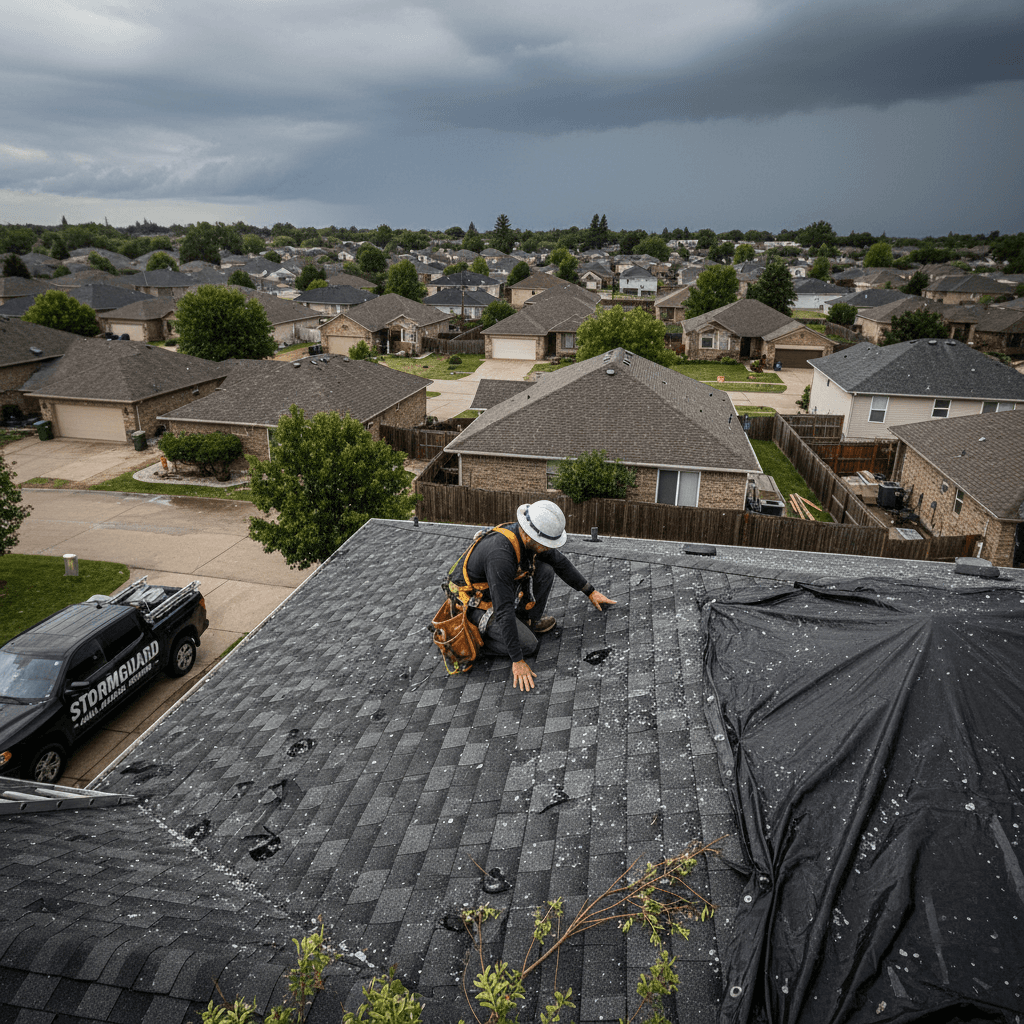 Roofer inspecting asphalt shingles with visible storm damage