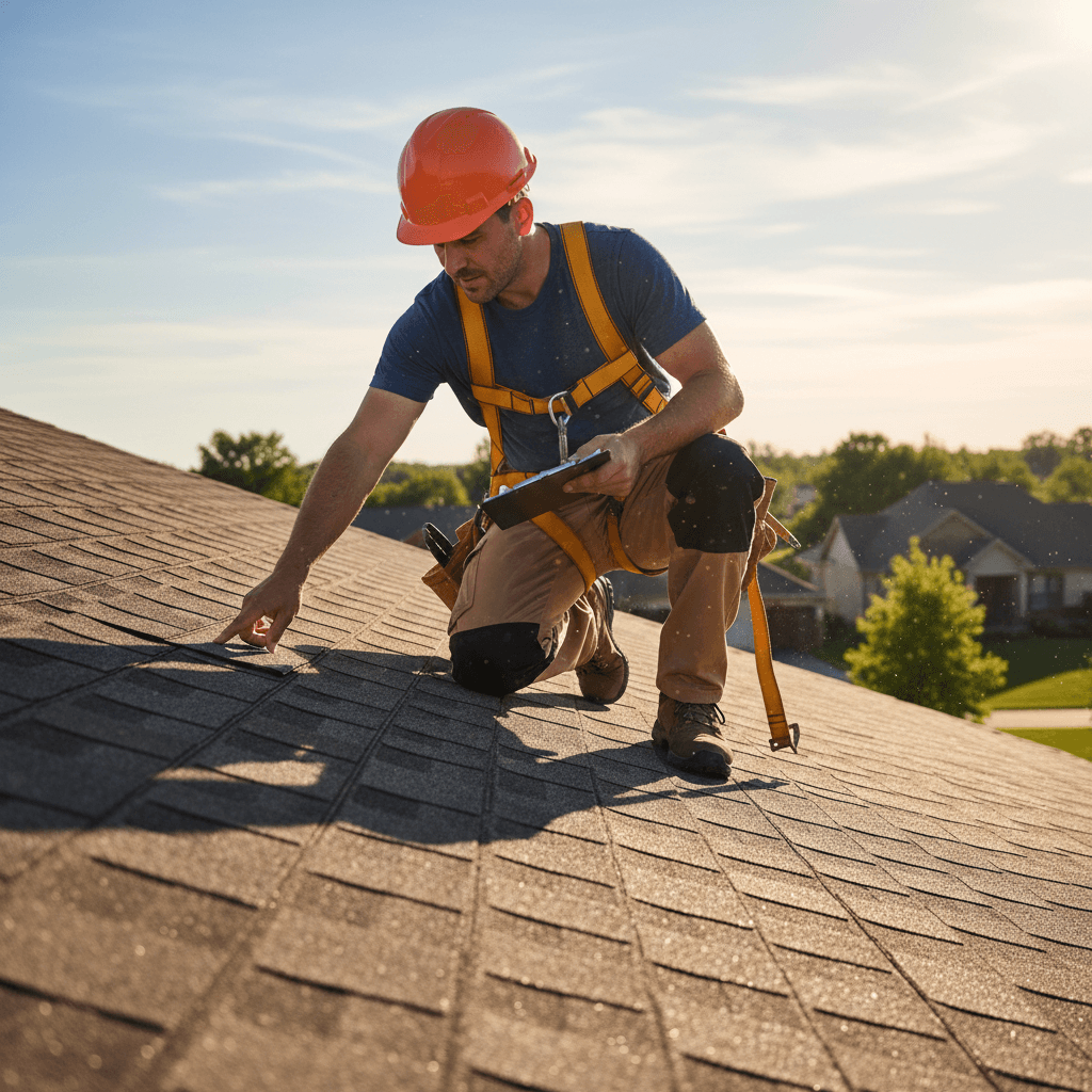 Roofer on a ladder inspecting an asphalt shingle roof in Gainesville
