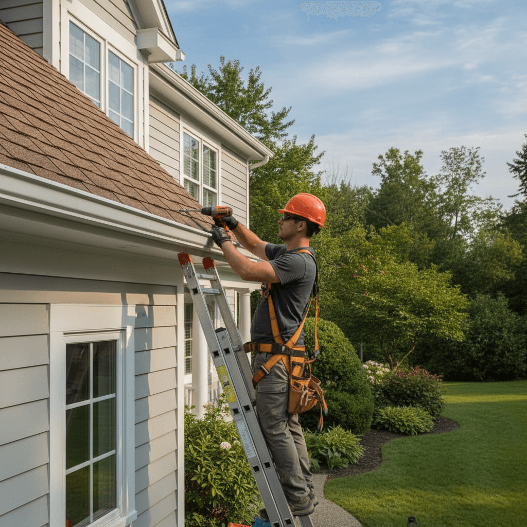 contractor fastening a clean gutter to the edge of a roof
