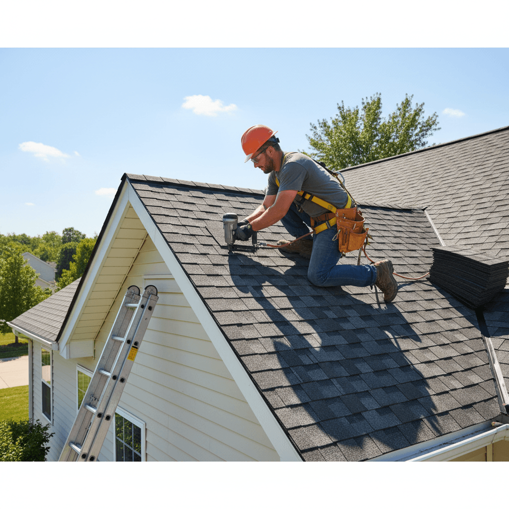 Worker installing asphalt shingles on house roof