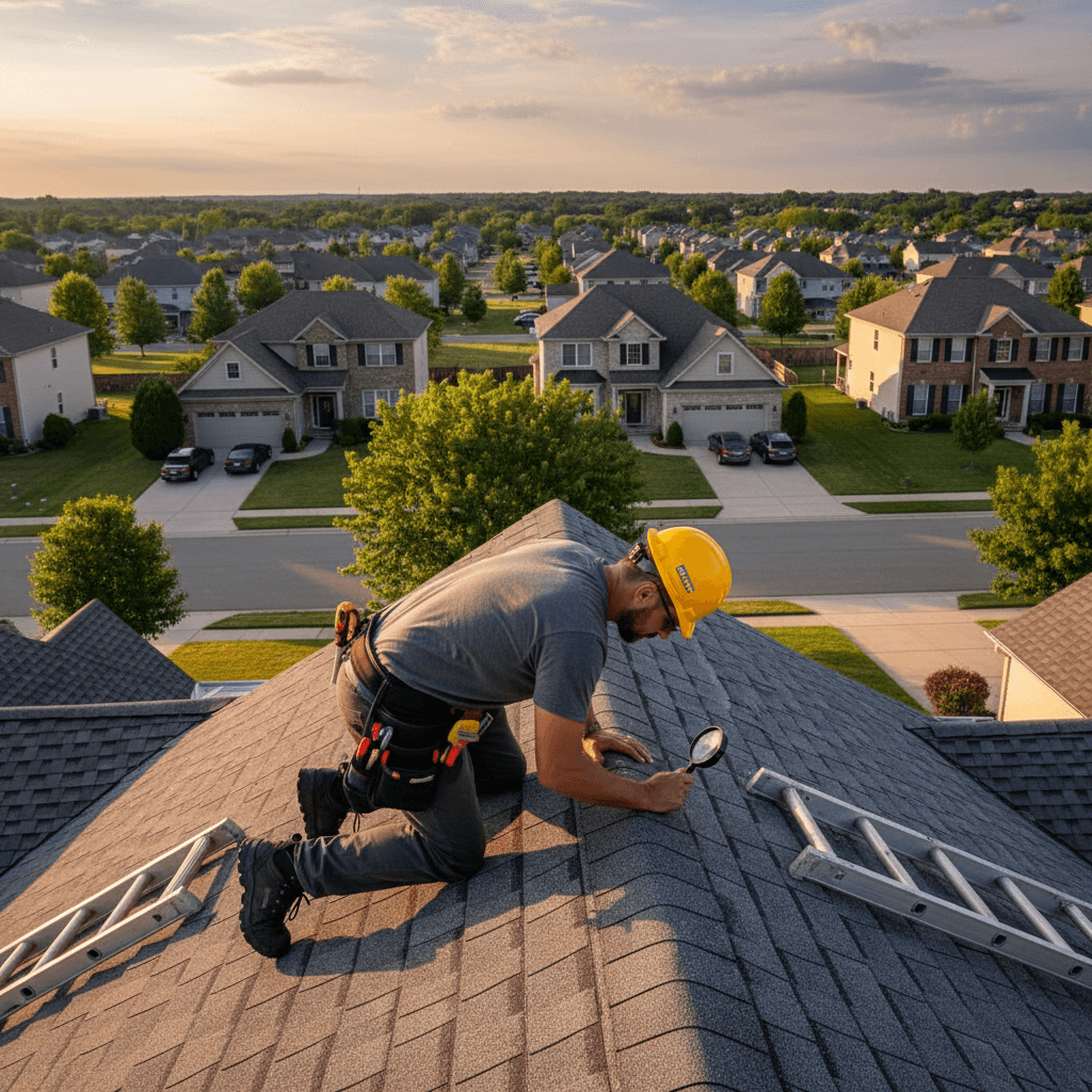 roofer inspecting shingles on a home roof in Plano