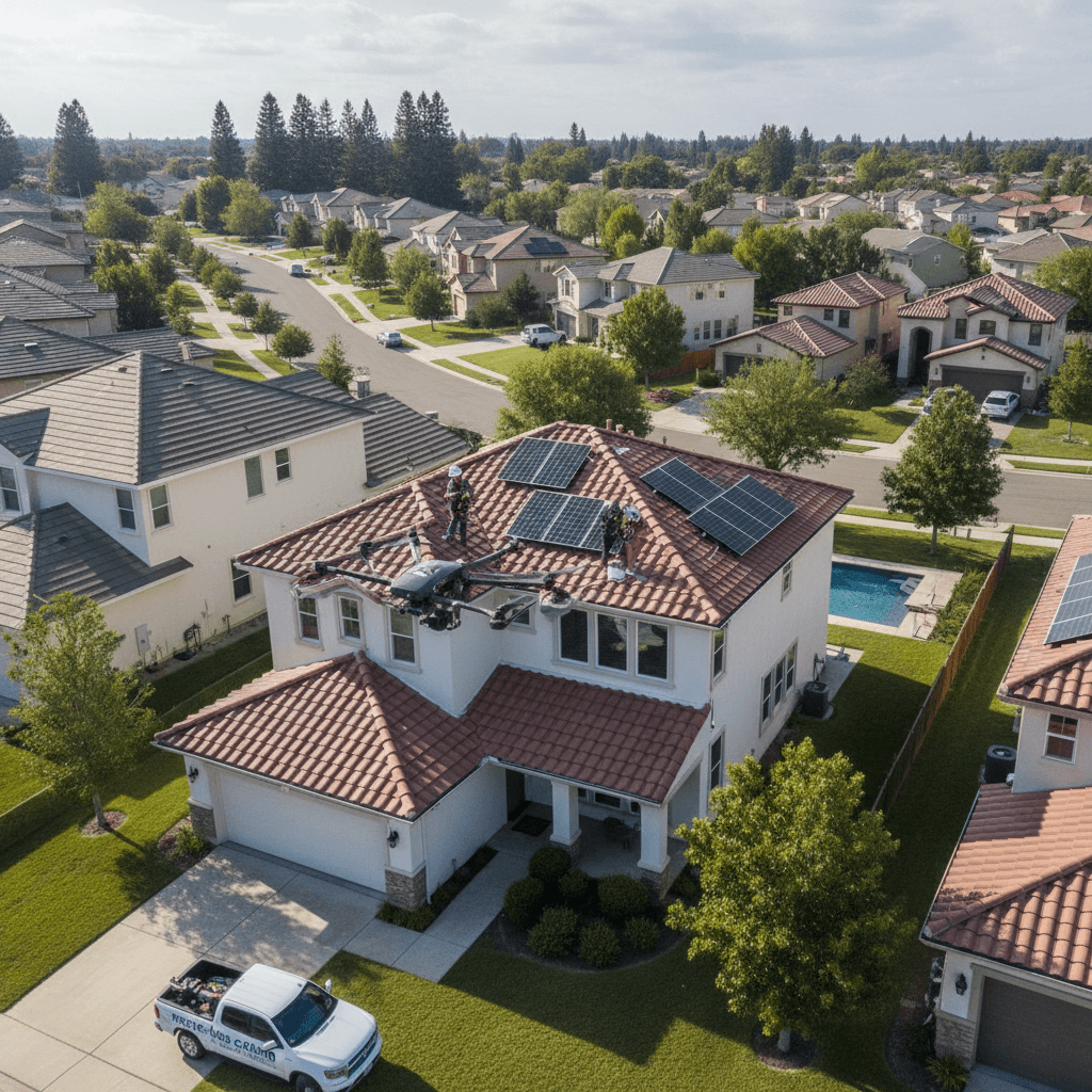 Drone flying over a house roof for inspection