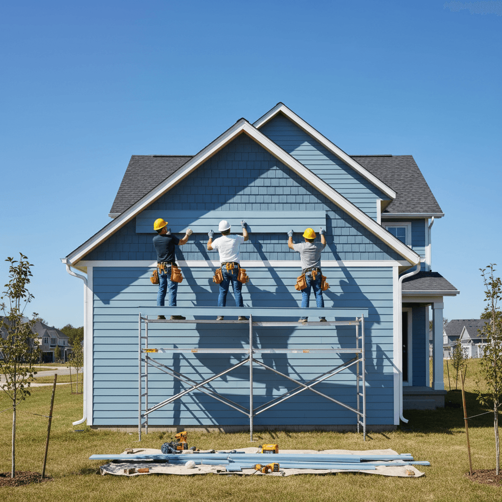 workers installing vinyl siding on the exterior wall of a house