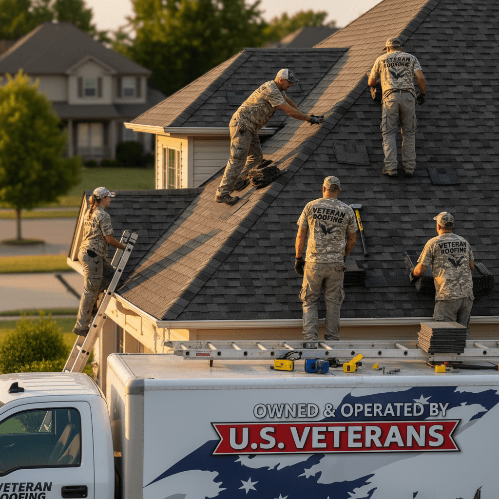 Roofing crew installing new shingles on a home