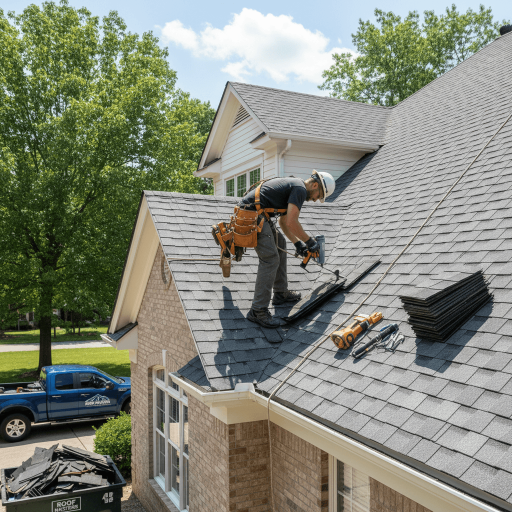 Roofer repairing shingles on a residential roof with professional tools