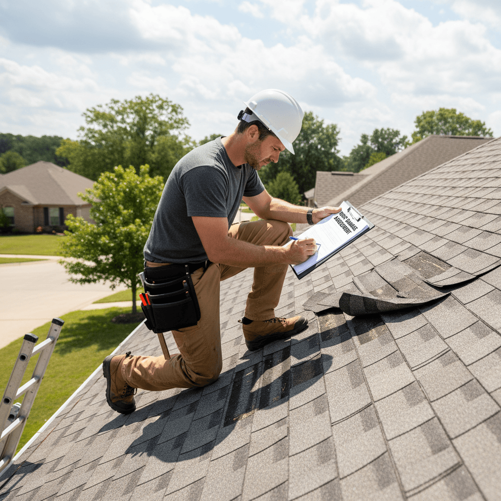 Roofer inspecting a roof for storm damage