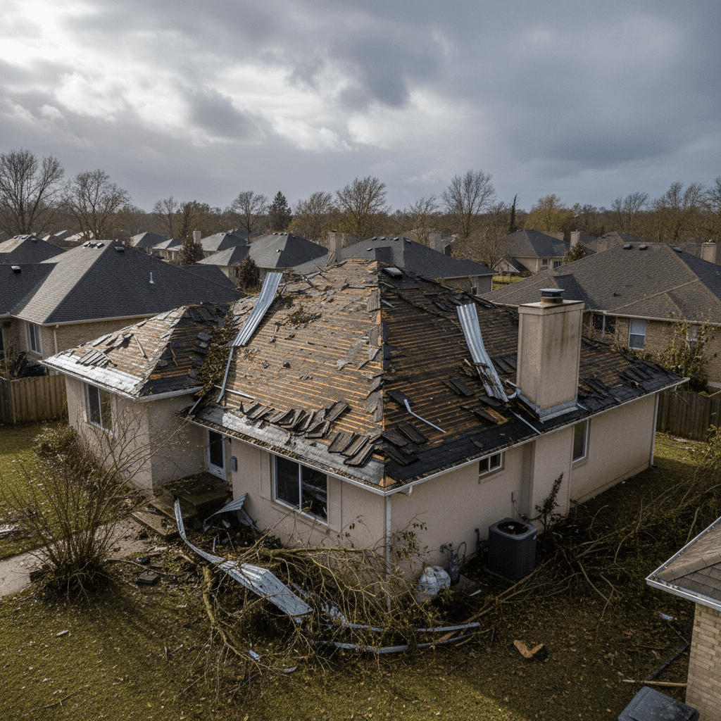 Aerial view of a damaged roof after a storm
