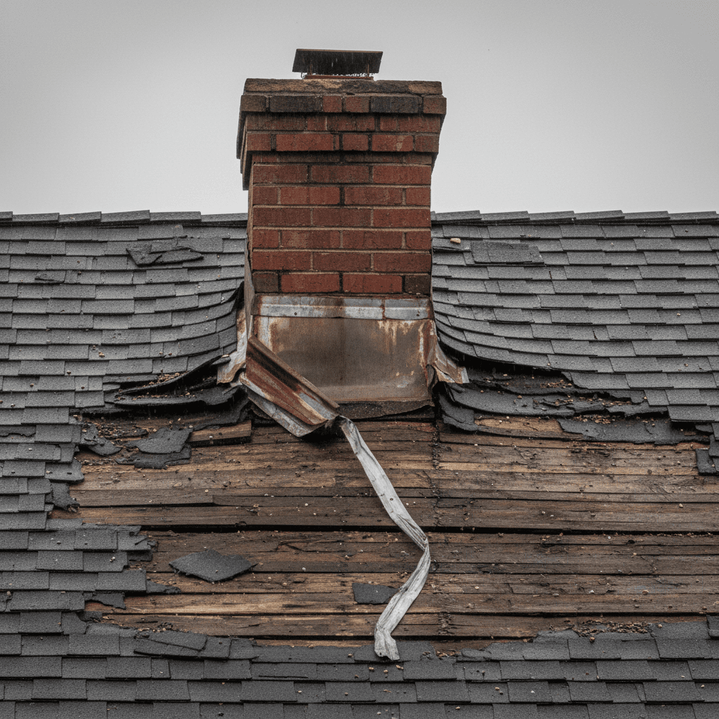 Damaged roof flashing and valley near a chimney