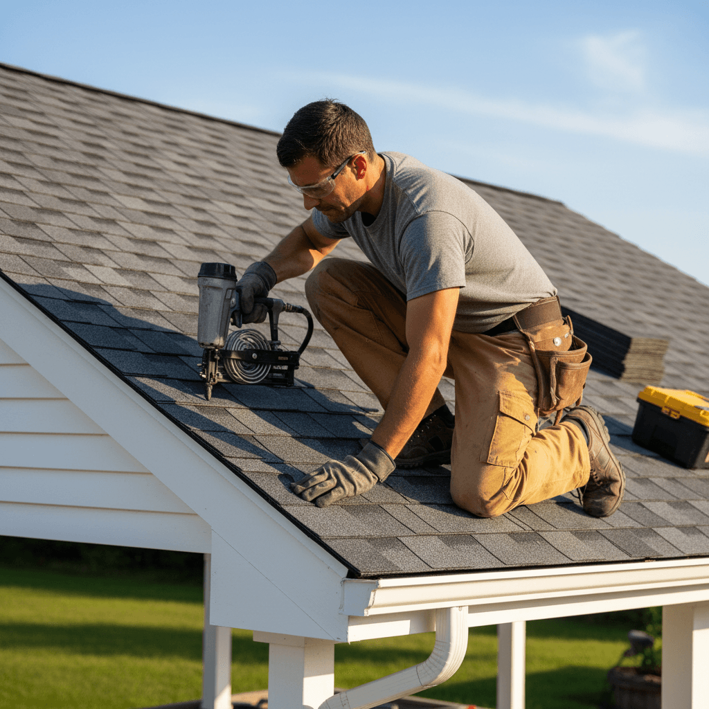 Roofing crew installing new shingles with a nail gun