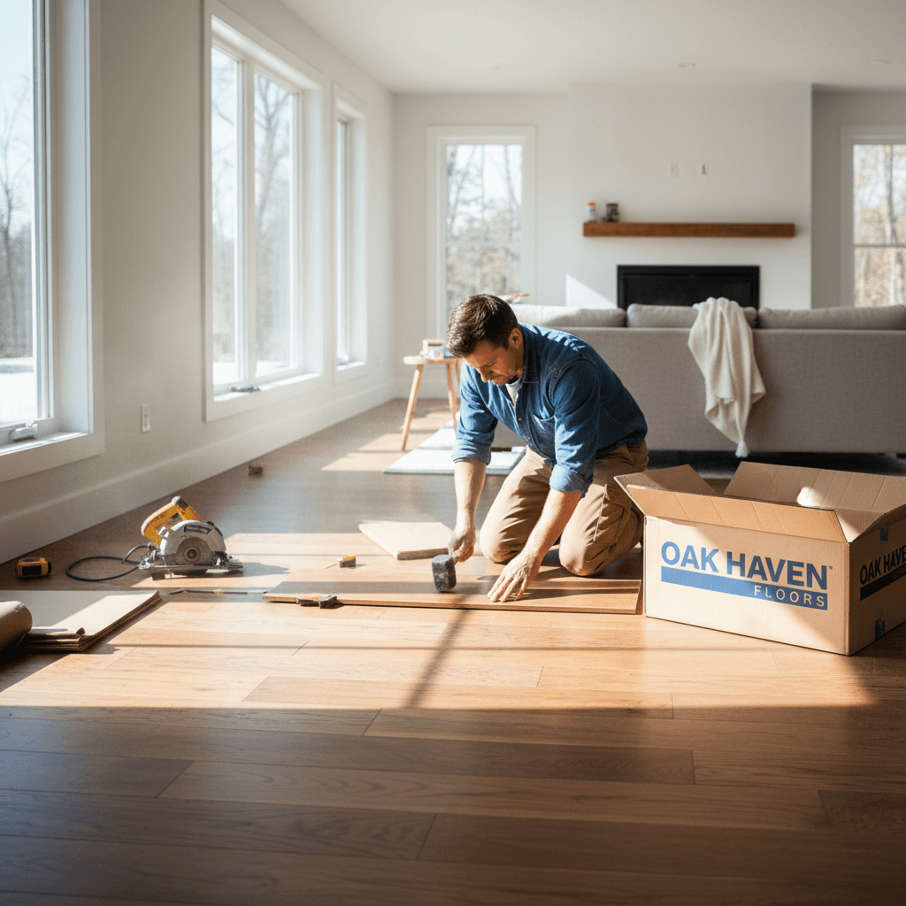 craftsman installing hardwood floor planks in a sunny room