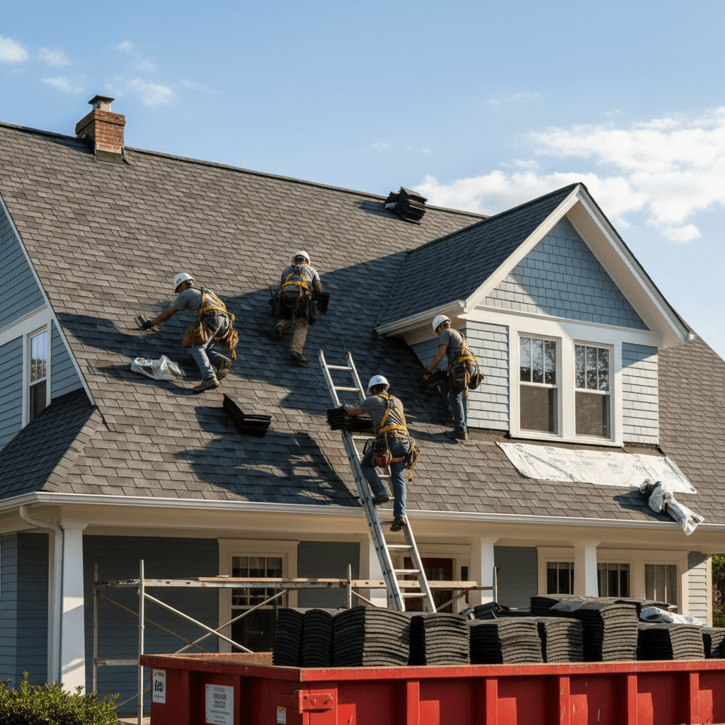 Roofing crew installing new asphalt shingles on a residential house roof