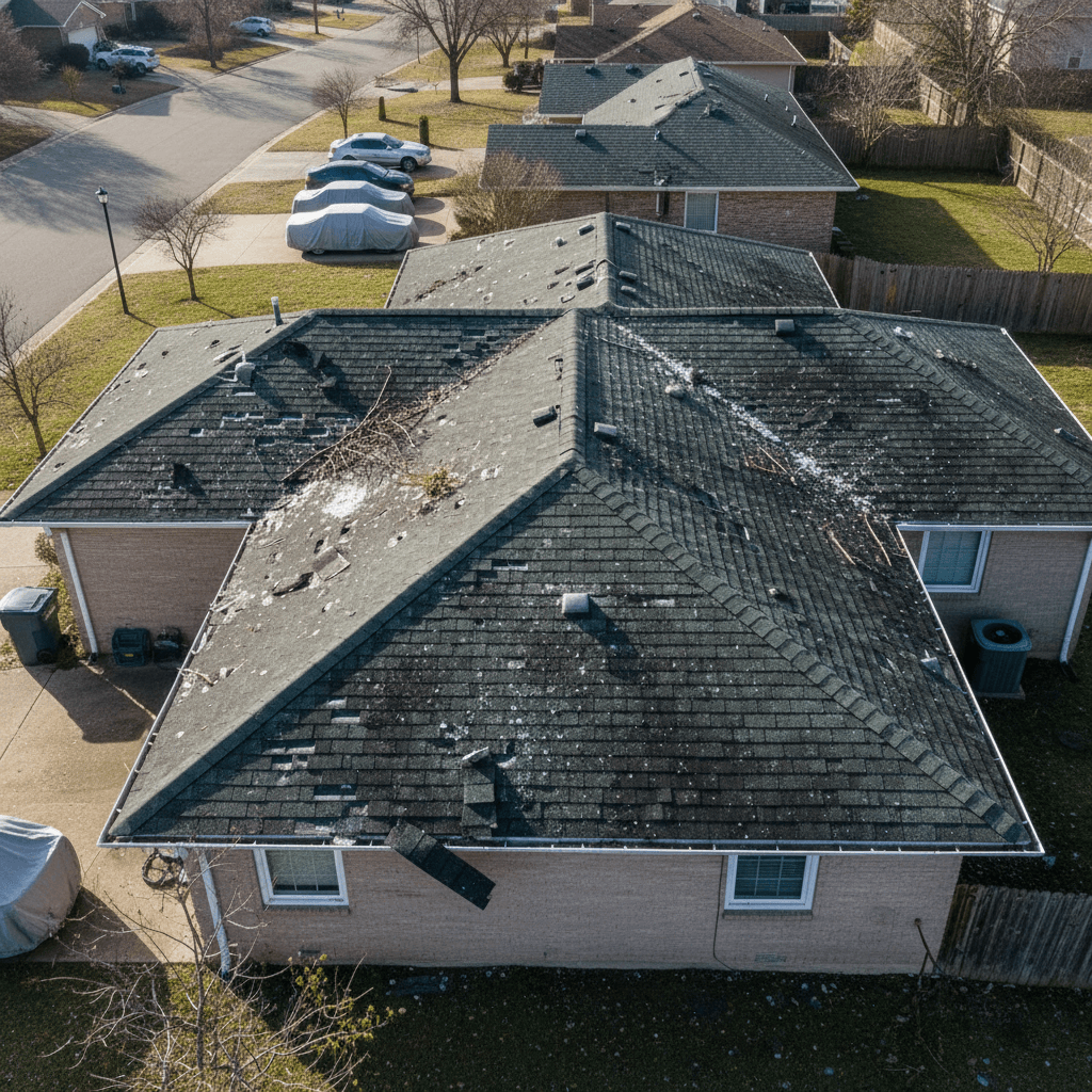 Close-up of hail damage on residential asphalt shingles