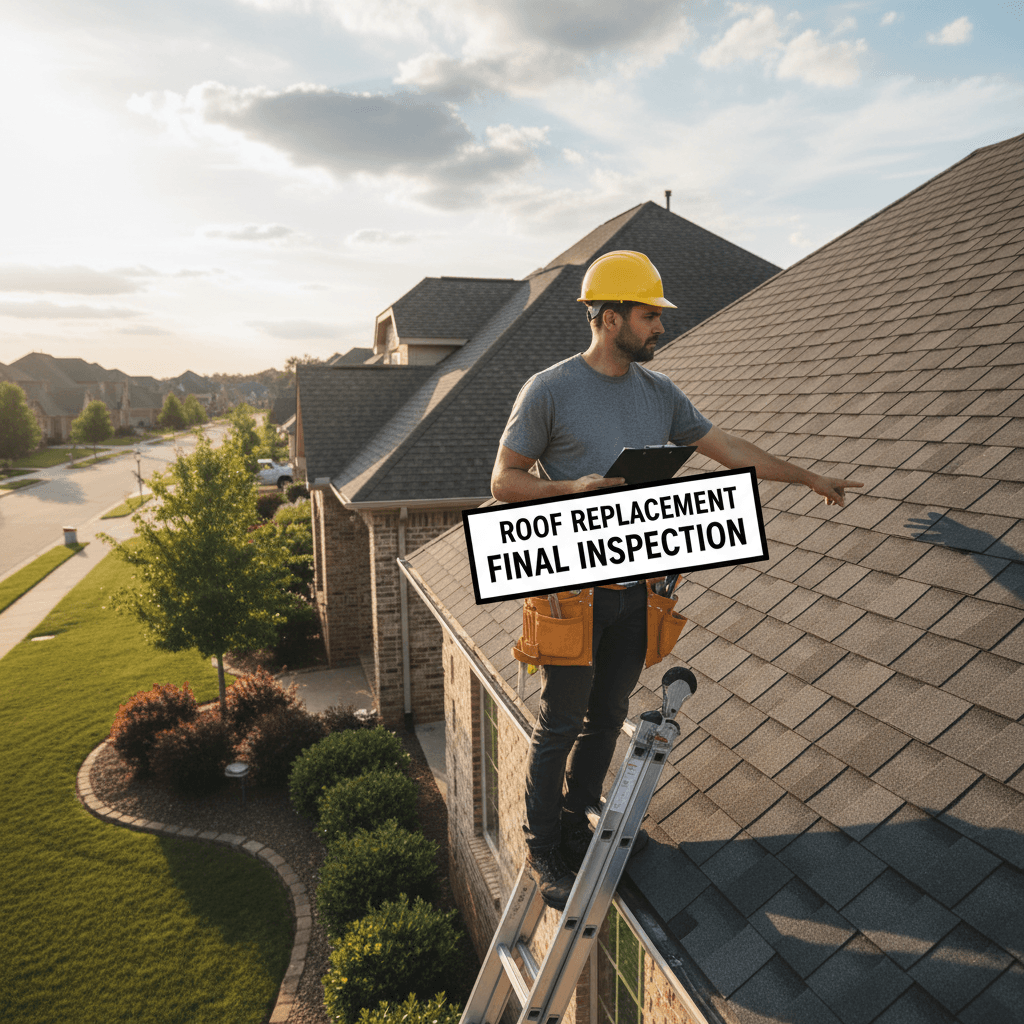 Contractor inspecting a completed roof replacement