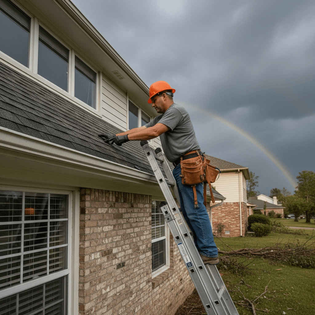 Roofer on a ladder inspecting a roof and gutters after a storm