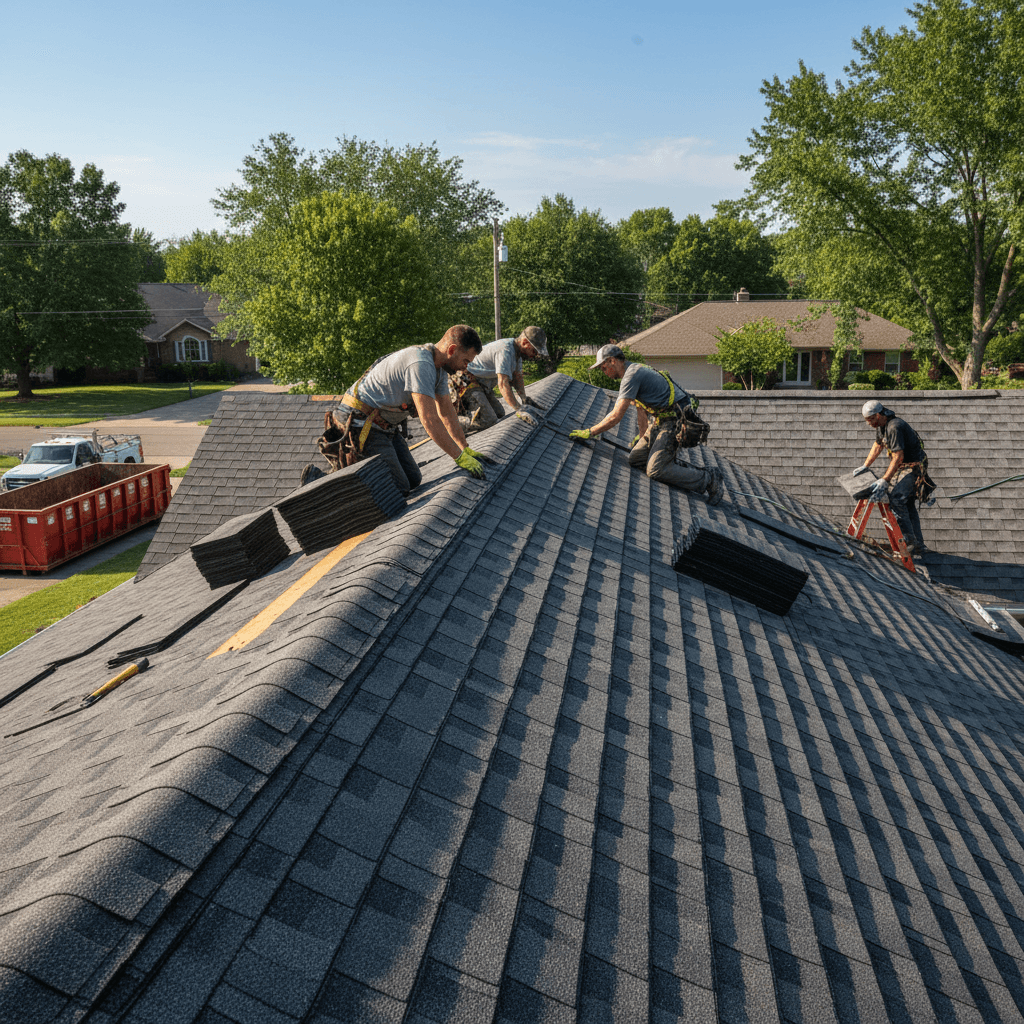 Roofers installing new shingles on a house roof
