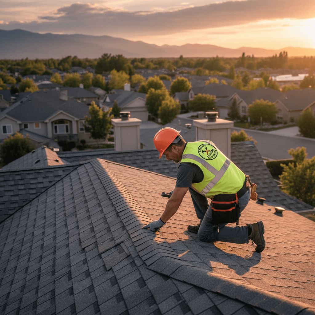 Roofing contractor inspecting shingles on a residential roof