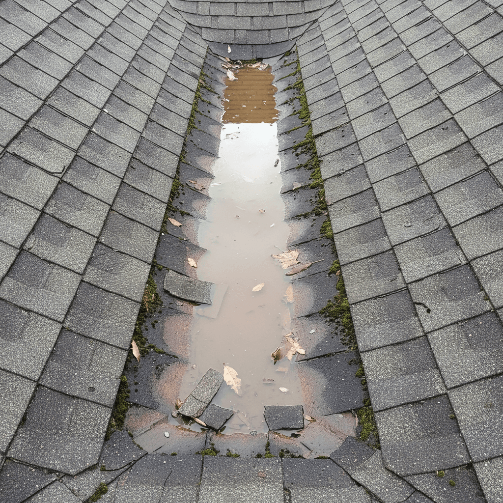 Worn roof valley where water collects and seeps through