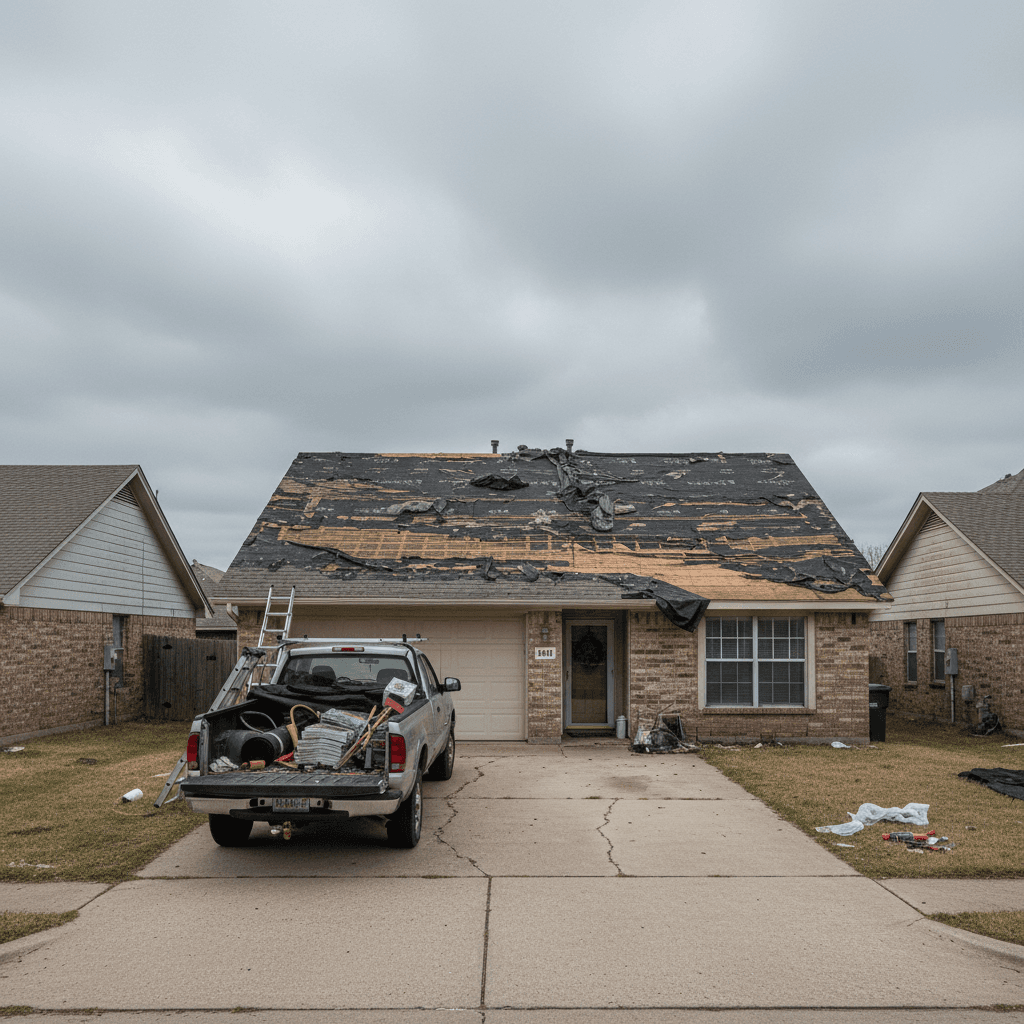 Storm-damaged residential roof in Sherman, Texas