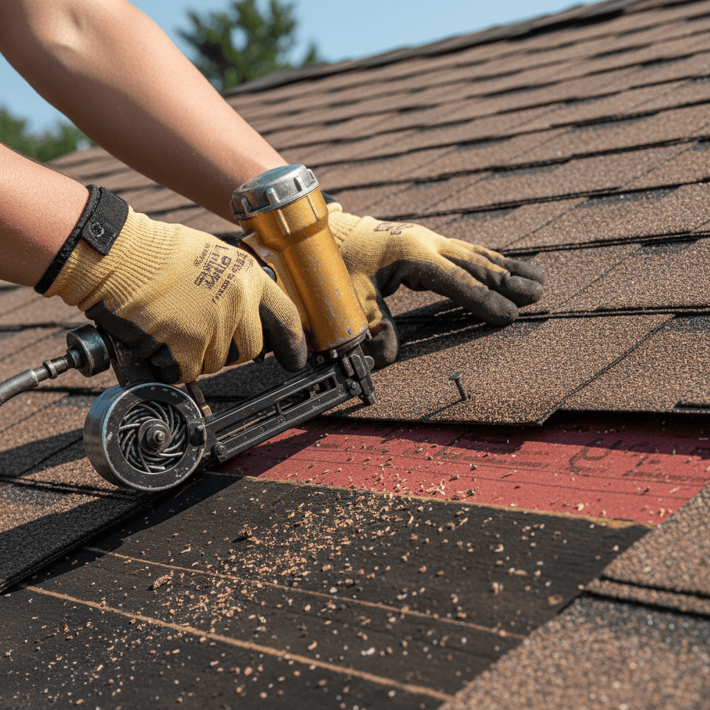 Craftsman installing roofing shingles with a nail gun