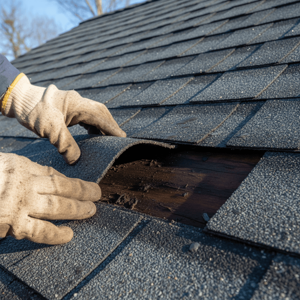 Close-up of hands inspecting water damage on roof shingles